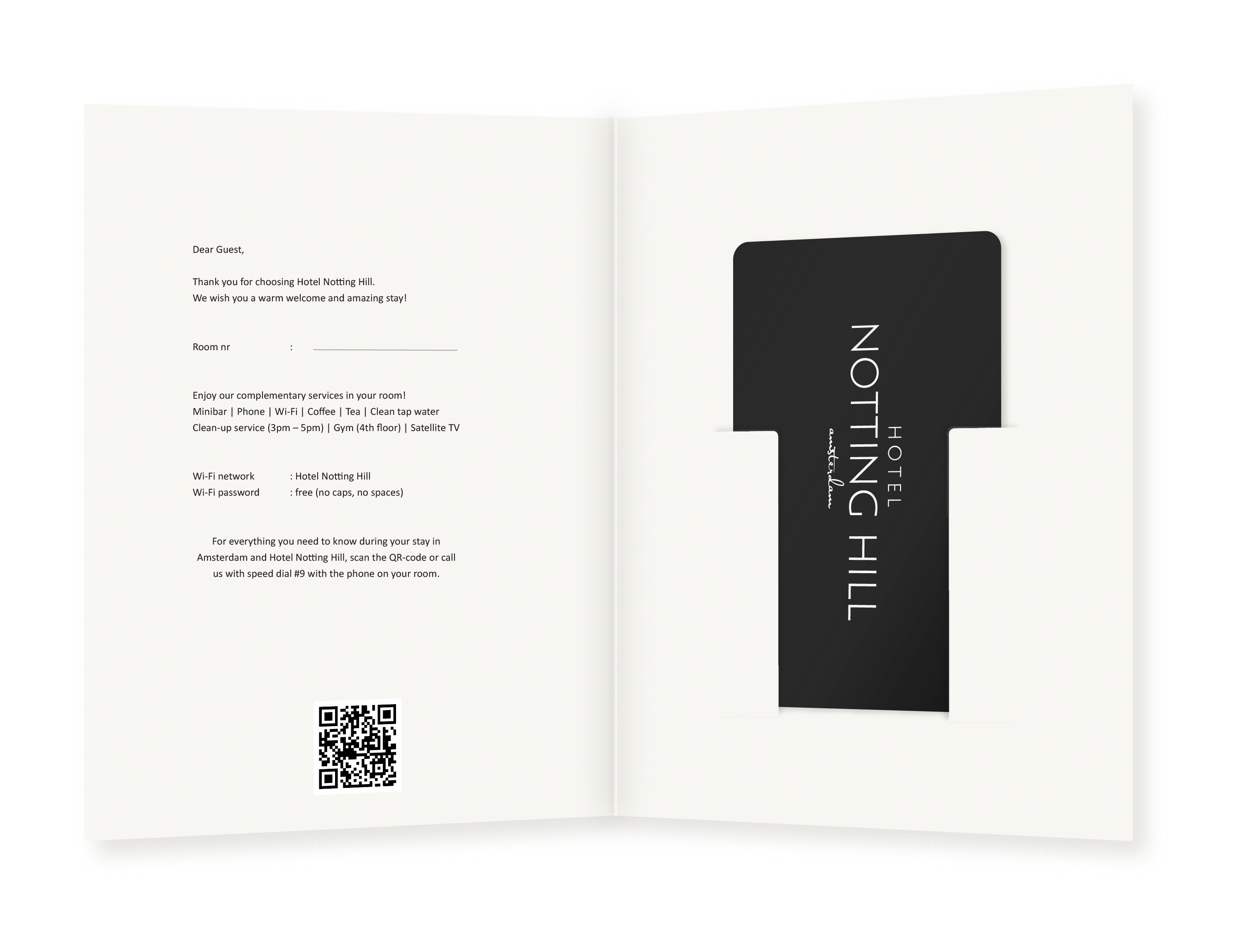 Inside of the Hotel Notting Hill key card holder with key card